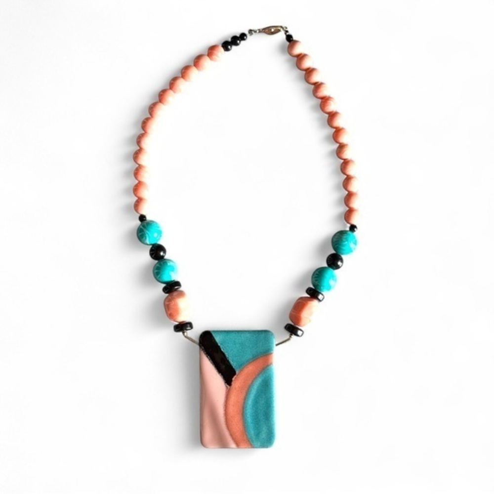 Vintage 70s hand painted enameled artisan coral turquoise palette necklace